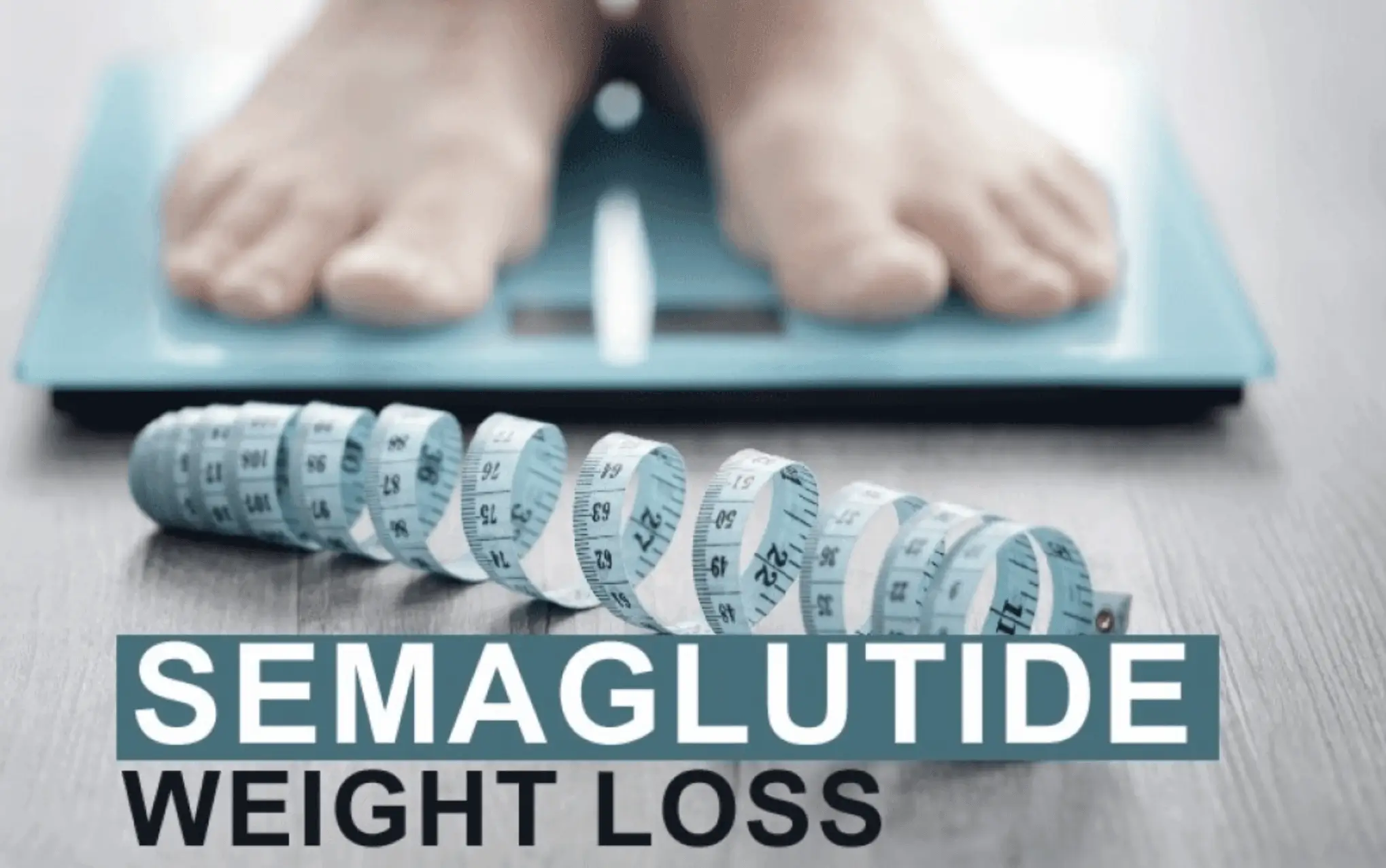 Feet on a scale with a measuring tape, highlighting weight loss.